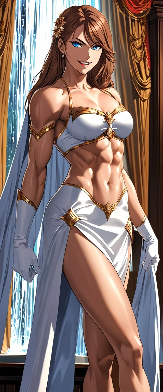 1girl, walking proudly, marta lualdi, blue eyes, brown hair, long hair, hair ornament, hair between eyes, dress, detached sleeves, white silk gloves, miniskirt, black thighhighs, fallen hero cape, winged, sword in its sheath behind her back, divine weapon behind herself, abs, very strong, agile, fit, muscles, flat chest, muscular, (steroid:0.6), female bodybuilder, powerful, godly, classy, modesty, glamourous, dominant, arrogant, proud, confident, mean, super tall, smirking, fangs, lipstick, eye shadow, blush, makeup, looking at viewer, (from below:0.7), Honeymoon bed with curtains underneath a waterfall, dark night, extremely detailed, high quality, high resolution face, score_9, score_8_up, solo,