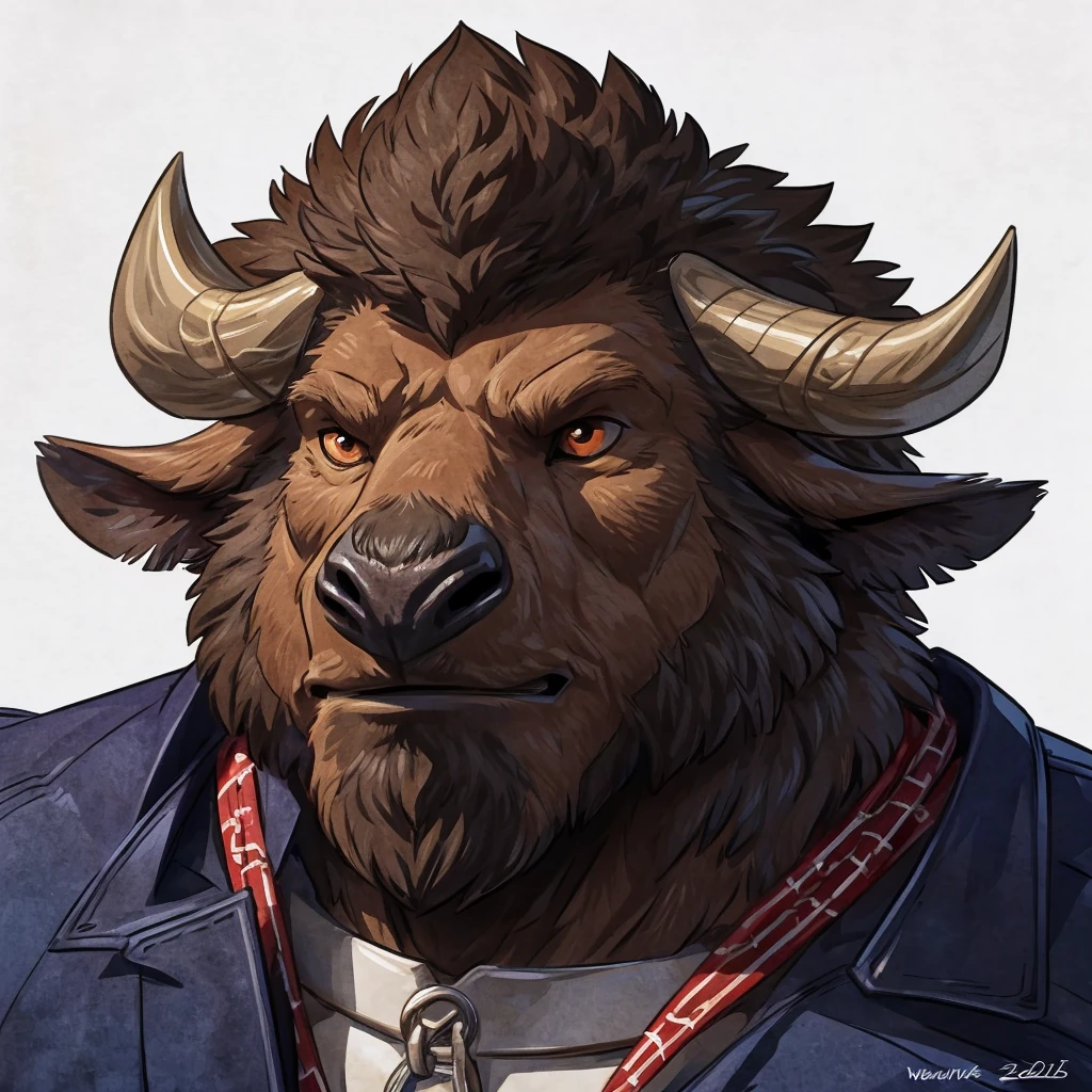 anthro ((male)) bison, ((bison)) 4k, high resolution, best quality, posted on e621, solo, anthro body, male, adult, correct anatomy, (white background), (by wfa:1), (by Taran Fiddler:0.5), young, (cel shaded, cartoony shading:1.2), black lineart, black outline, flat coloring, (strong shadows, dark shadows:1.2), dynamic pose, ((face close up)), ((portrait)), sexy