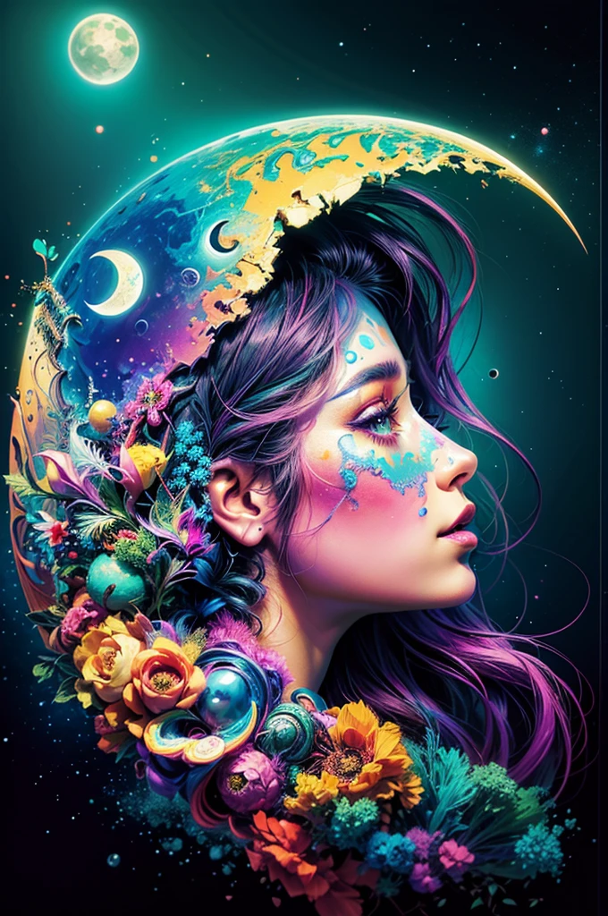 A woman with a colorful face and a crescent moon on her head, art of alessandro pautasso, sonho colorido, color digital painting, intricate digital painting, colorful digital fantasy art, psychedelic art style, beautiful color art!, just a joke, colorful and dark, Bela arte UHD 4K, psychedelic aesthetic, psychedelic surreal art, colorful illustration