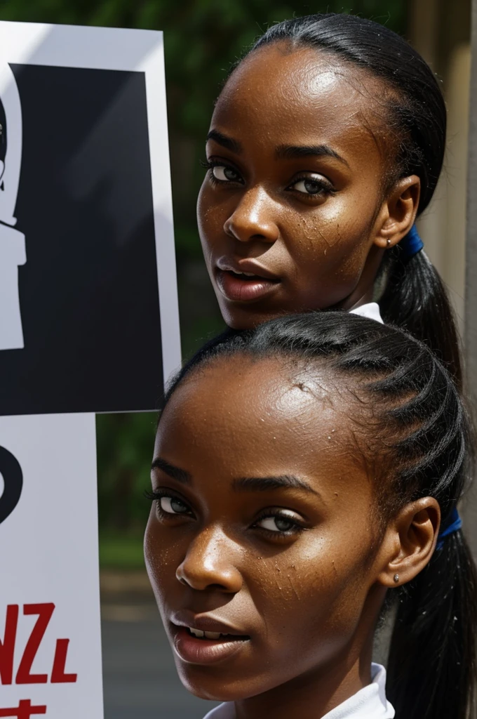 Black girl with a low ponytail and eyes slightly separated with her forehead farther back than her jaw., big mouth and sweaty skin while holding a sign that says the word inside "Aeneid"