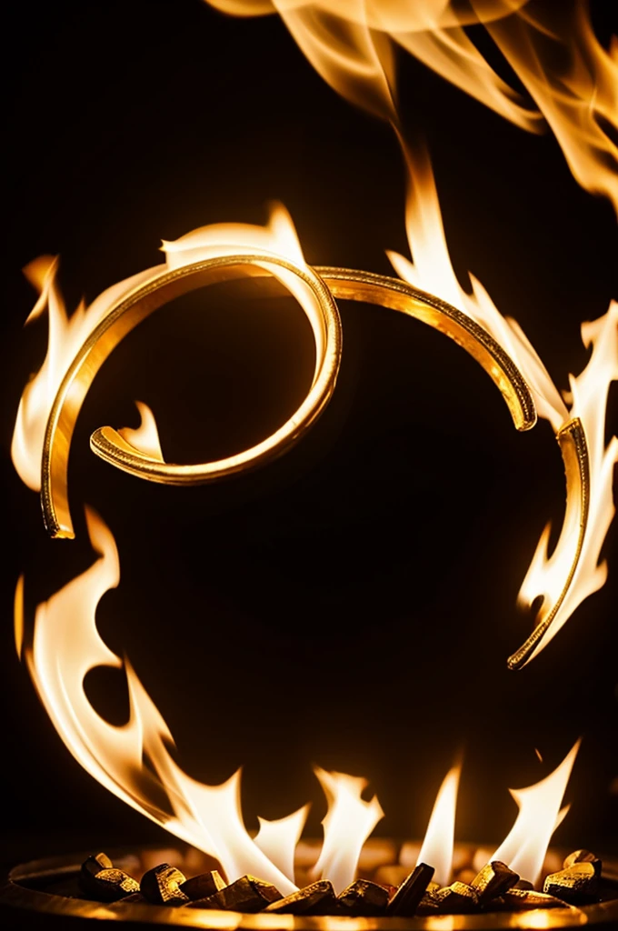 A golden ring wirh elfics letters in fire shining