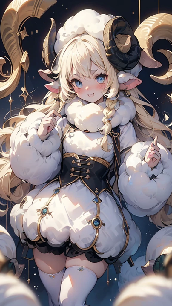 Best quality, Ultra detailed, best quality, insanely detailed, beautiful, masterpiece, 8k,
break
Colorful background, refraction Glowing white lines ,Crossing Light,light particles
break
1lady, (lady sheep-kin:1.5) , sheep horn, blonde hair, long hair, single braid ,forehead, cat ear Leopard patterned ears, blue eyes, sheep costume, black whip, white hat, sheep fur hat,
Break
upper body, tareme, serious, (stare at viewer:1.5), (embarrassed,blush:1.3),(ecstasy:1.3) ,(slut:1.2),(vulgarity:1.3),