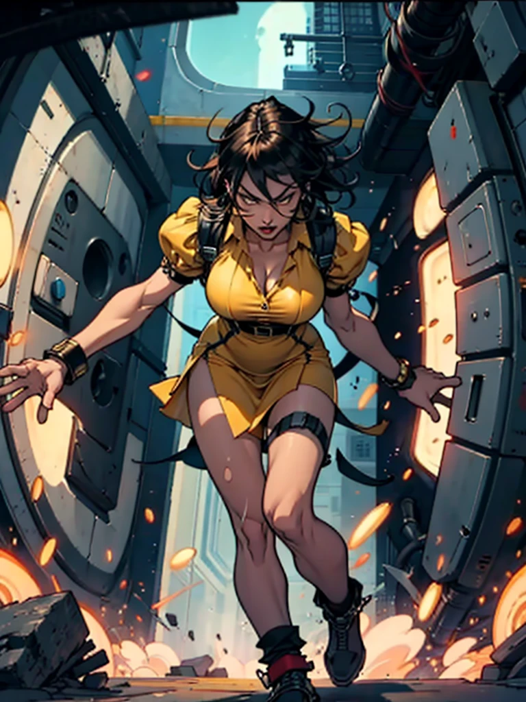 Woman big breasts thick legs Short ripped yellow dress , afflicted with fear running away with handcuffed hands, a scifi portal alienates towards the camera