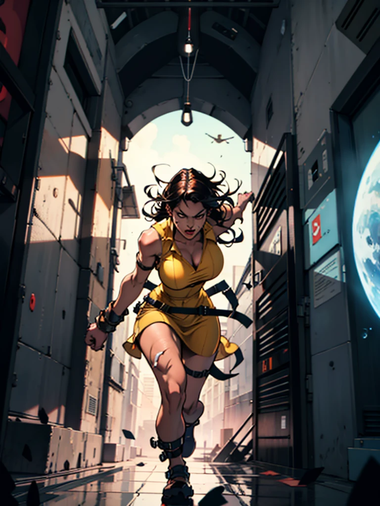 Woman big breasts thick legs Short ripped yellow dress , afflicted with fear running away with handcuffed hands,  a scifi portal alienates towards the camera 