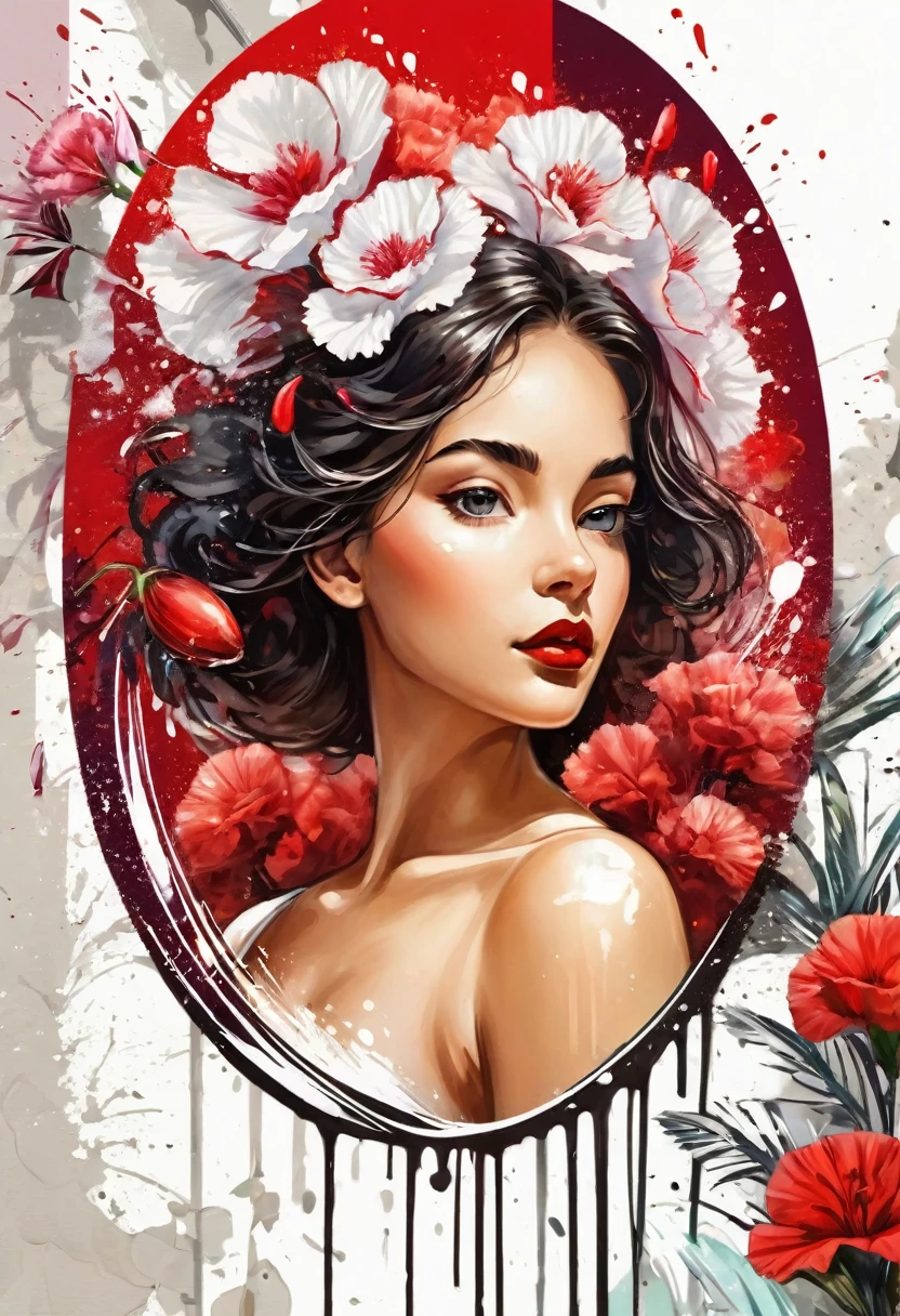 work of art, oval initial art with red carnation flower, downtown, rich and colorful splash art, to tear down, tropical fruits, magical, Stylized abstract portrait of a beautiful girl，Street graffiti, White background