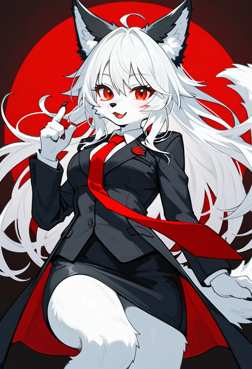 Furry wolf girl with white hair, black ears, white skin, red eyes, red tie, black suit and black skirt