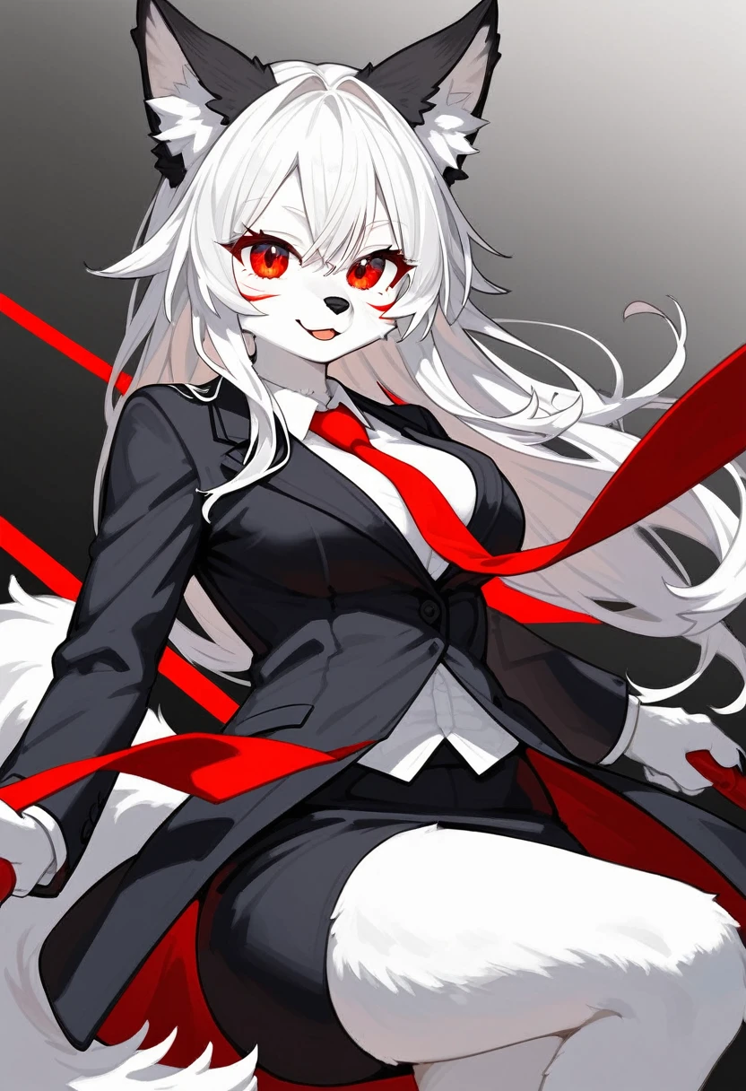 Furry wolf girl with white hair, black ears, white skin, red eyes, red tie, black suit and black skirt