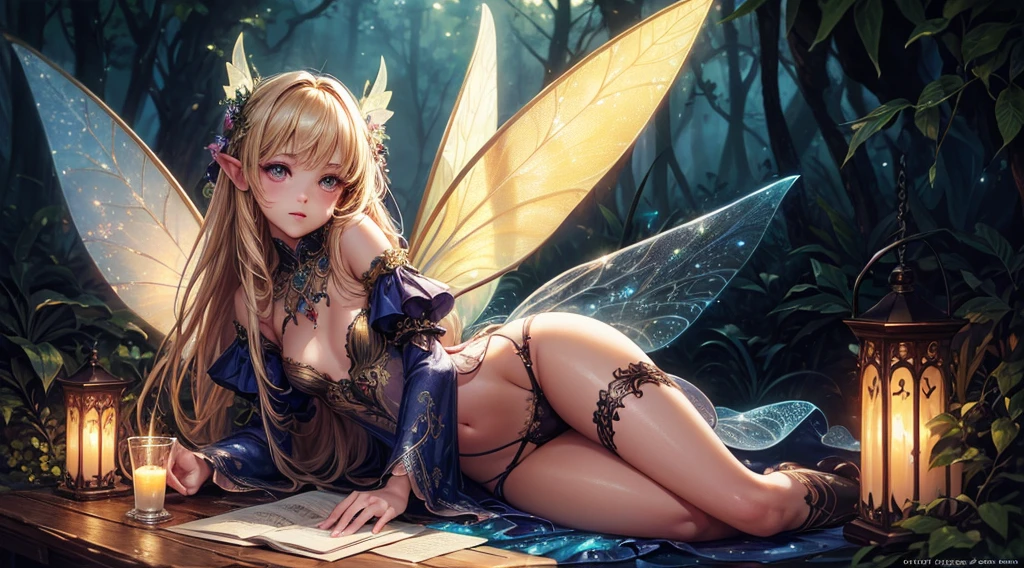 ( Absurd, High quality, ultra-detailed, masterpiece, concept art, smooth, highly detailed artwork, hyper-realistic painting ) , tiny , cute, whole body, Romantic, Vivid, dreamy, fantasy, fairy wings, in the forest, enchanting glow, very detailed art, reveal clothes, sexy lace underwear, blonde