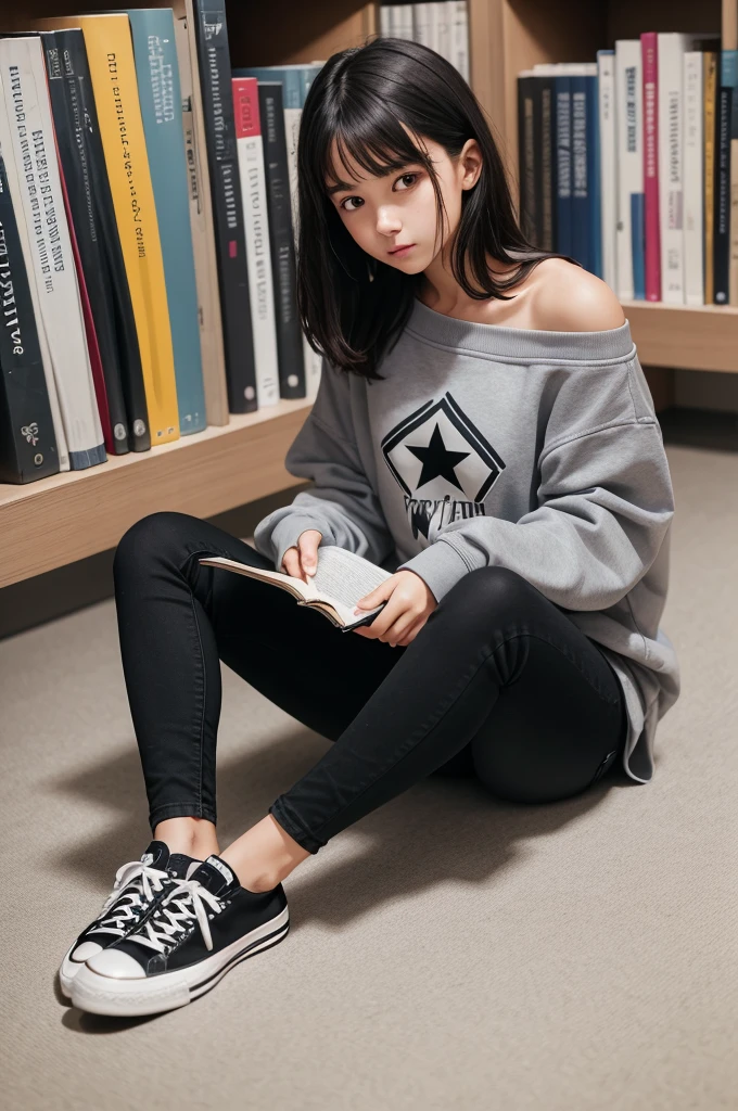 create image of a girl wearing gray sweatshirt, black jeans pants, black all star sneakers, slightly wavy shoulder-length hair sitting on the floor of a library and holding a book in her hands with the impression that she was reading the book.