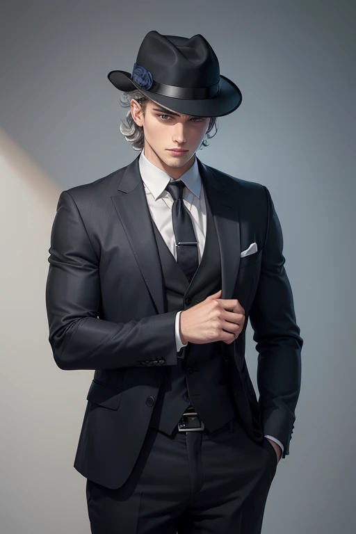 ((best qualityer)), ((work of art)), (detailded), (アニメ) A young investigative agent of European nationality, Large stature, hair grey, blue eyes and black suit. he is ALWAYS wearing a hat