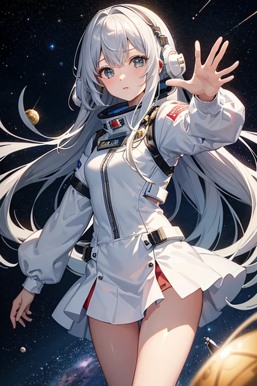 masterpiece, Highest quality, High resolution,Follow the on-screen instructions、Anime Style、Follow the prompts、One Girl、Long silver hair、、universe space、Confused、Spacesuit、Spacewalk、Reaching out to the earth、Adrift in Space、A glimpse of panties,