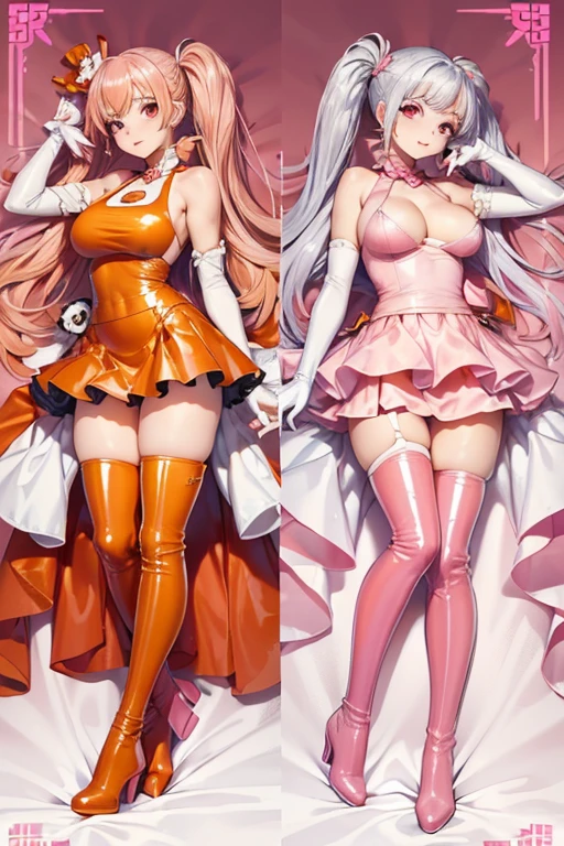 Perfect Anatomy Highest quality,Highest Resolution,(((Orange One Piece Dress Long skirt Silver Boots White Opera Gloves latex pink hair))) Metal Max 2:Reloaded Twin tails Red Eye ample bosom slender 18-year-old end of the century desert