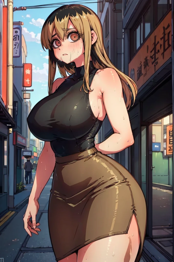 (masterpiece:1.4), (best quality), (detailed), (8k), absurdres, (1girl, solo, looking at viewer, cowboy shot), (sidewalk:1.4, tokyo \(city\)), rizdraws, thick lineart, film grain, semi-traditional artstyle, ochiai, long hair, bangs, blonde hair, brown hair, multicolored hair, brown eyes, (@_@, nervous):1.3, huge breasts, sweat, skirt, shirt, bare shoulders, sweat, sleeveless, black shirt, beige pencil skirt,