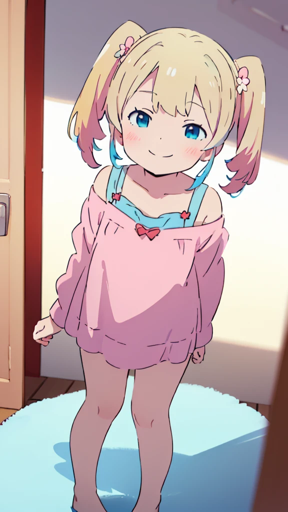 ((masterpiece))((Highest quality))girl、smile、blush、Flat Chest、Are thin、Blonde Hair、blush、Are standing、Whole body image、Eye level to the feet、front、No background、真frontのアングル、Blue clothes、White and blue two-tone hair、Twin tails、Red Alice outfit