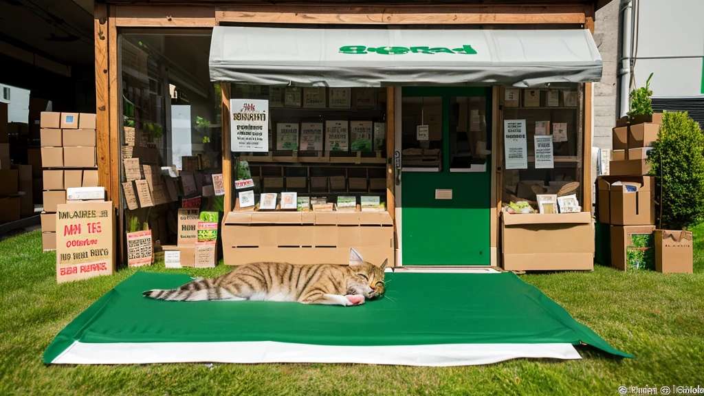 Create a photorealistic image of a brown tabby cat resting his chin on his paws on a green lawn. He has a fake cardboard storefront attached to his nose, with his open mouth serving as the entrance to the fake store. There is a sign pointing to his mouth, written in crude lettering on cardboard, with the words 'Free burd seed'
