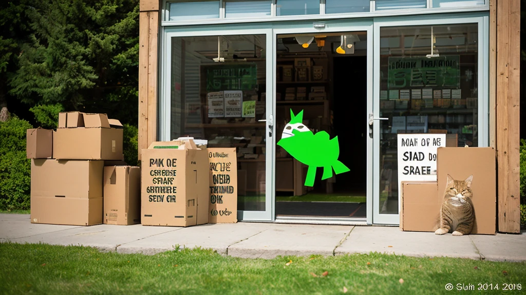 Create a photorealistic image of a brown tabby cat resting his chin on his paws on a green lawn. He has a fake cardboard storefront attached to his nose, with his open mouth serving as the entrance to the fake store. There is a sign pointing to his mouth, written in crude lettering on cardboard, with the words 'Free burd seed'