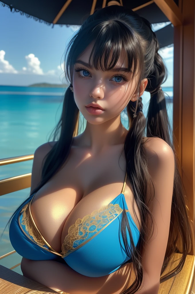 16 year old Sveta Bilyalova, ultra detailed face, ultra detailed blue eyes, long wavy messy hair, (bangs, pigtails), (lace bikini, leaning forward, bathed in golden sunlight), legs, tropical water, (((huge breasts, cleavage, masterpiece)))