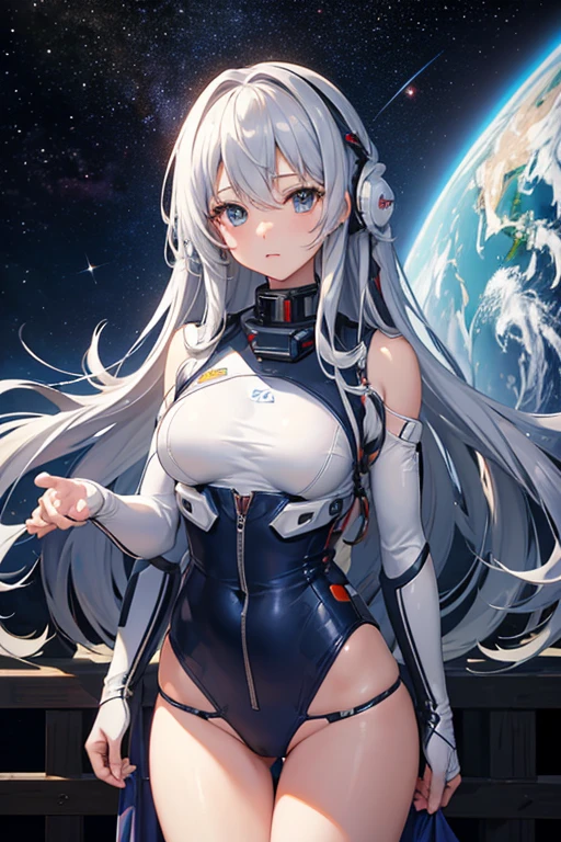 masterpiece, Highest quality, High resolution，Follow the on-screen instructions、Anime Style、Follow the prompts、One Girl、Long silver hair、、universe space、Confused、Spacesuit、Spacewalk、Reaching out to the earth、Adrift in Space、A glimpse of panties,