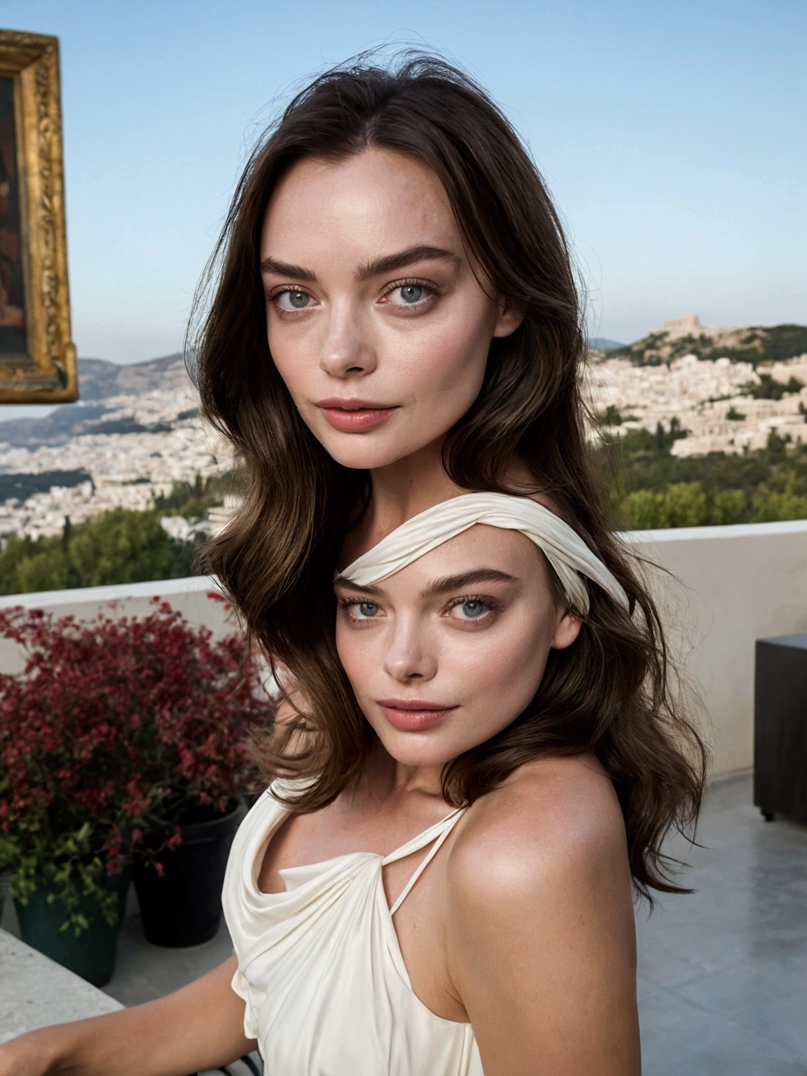 blond woman in white dress standing on a patio with a city in the background, in a long white dress, margot robbie as a greek goddess, wearing a white flowing dress, wearing stunning ivory dress, dressed in white, yelena belova, wearing an elegant dress, white dress!! of silver hair, wearing a cute white dress, wearing a white dress