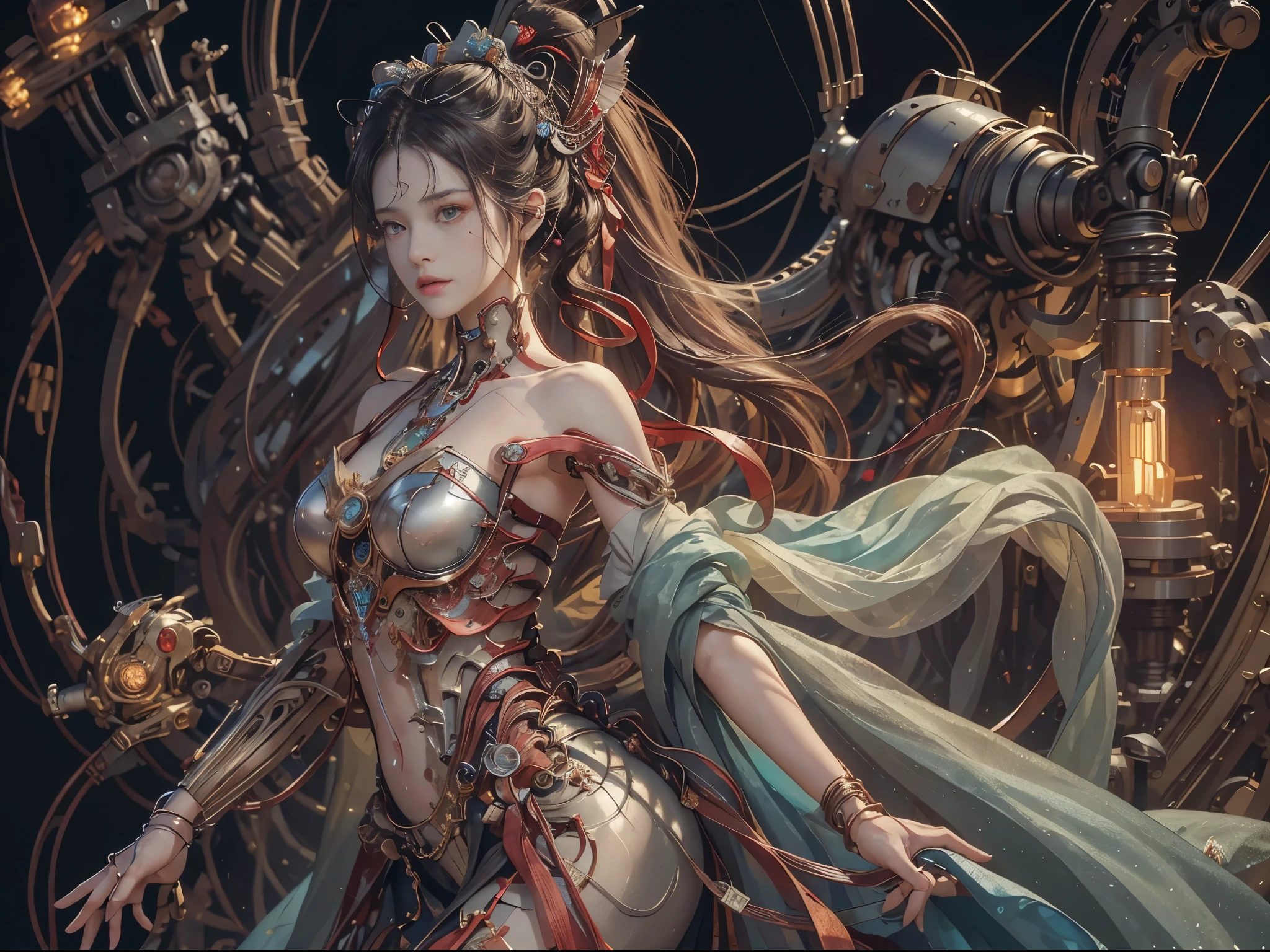 (Masterpiece, Top quality, Best quality, official art, Beautiful and aesthetic:1.2), extreme detailed details, (extreme detailed eyes:1.2), (extreme detailed face:1.2), Colorful, highest details ((Ultra-detailed)), (Highly detailed CG illustration), ((An extremely delicate and beautiful)),(From the side Side),Cinematic light, ((1 mechanical girl)), Solo, full body, (machine made joints:1.2), ((Mechanical limb)), (blood vessels attached to the tube), (Mechanical vertebrae attached to the back), ((mechanical chervil attaching to neck)), Expressionless, (wires and cables attaching to neck:1.2), (wires and cables on head:1.2), Science fiction, (Blood:1.2), dunhuang, big