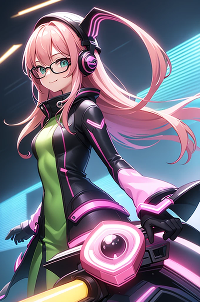1girl, Heartsteel style, pink hair, medium hair in front, long hair back, (green clothes), (pink coat), cool headset, rounded glasses, hat with light wings, gamer, 8k, humanization, looking at viewer, smile, attitude, solo, masterpiece, fully dressed, full resolution, high definition, portrait, cute eyes, cheerful, dynamic posse, elite, half body