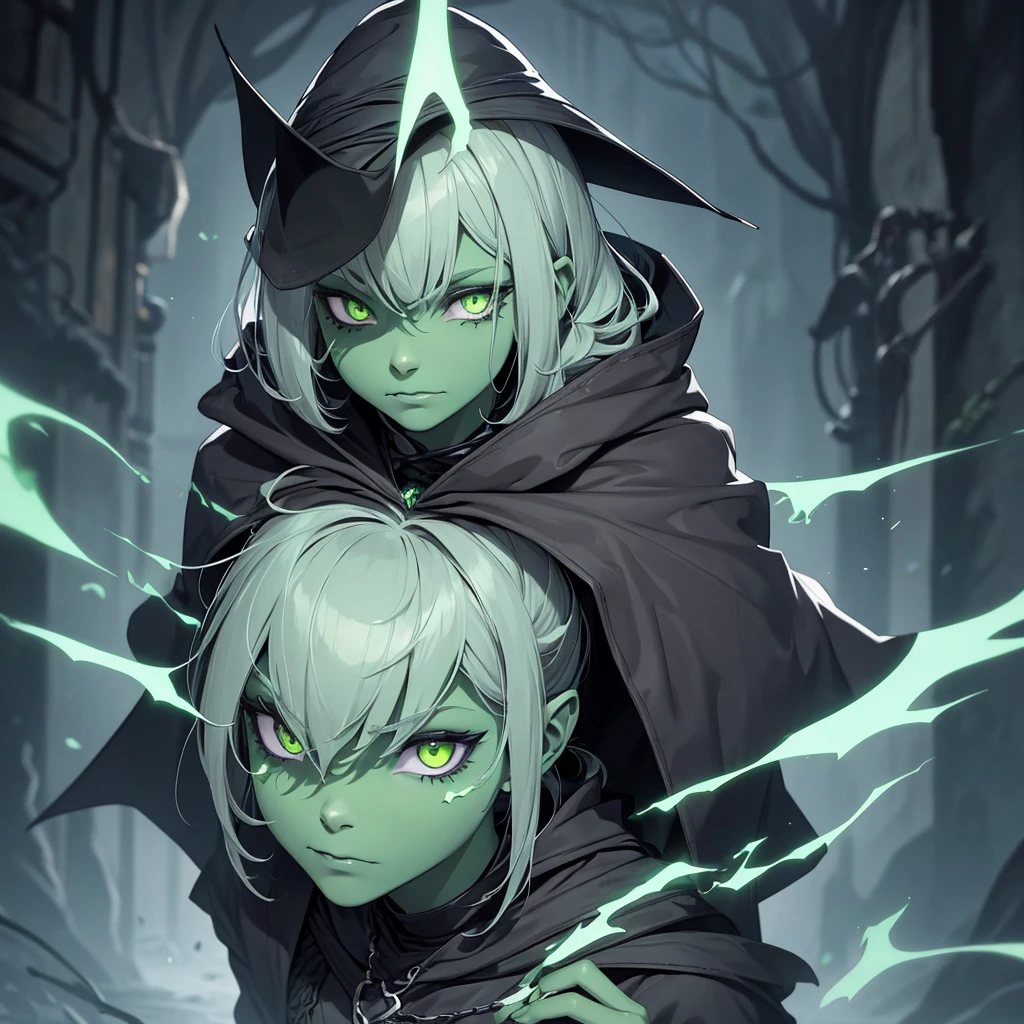 make a witch from an alien race who has green skin and wrinkled and necrotic skin. he must have dark gray or black hair.