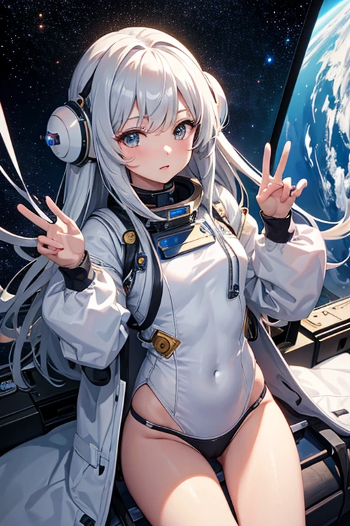 masterpiece, Highest quality, High resolution，Follow the on-screen instructions、Anime Style、Follow the prompts、One Girl、Long silver hair、、universe space、Confused、Spacesuit、Spacewalk、Reaching out to the earth、Adrift in Space、A glimpse of panties,