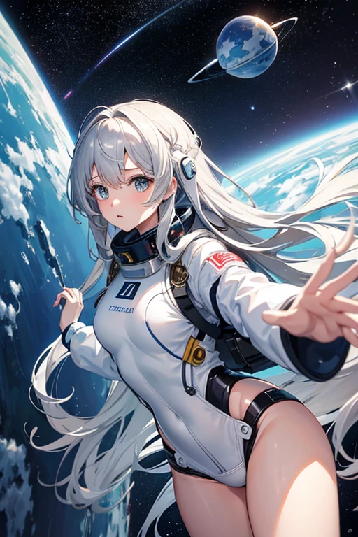 masterpiece, Highest quality, High resolution，Follow the on-screen instructions、Anime Style、Follow the prompts、One Girl、Long silver hair、、universe space、Confused、Spacesuit、Spacewalk、Reaching out to the earth、Adrift in Space、A glimpse of panties,