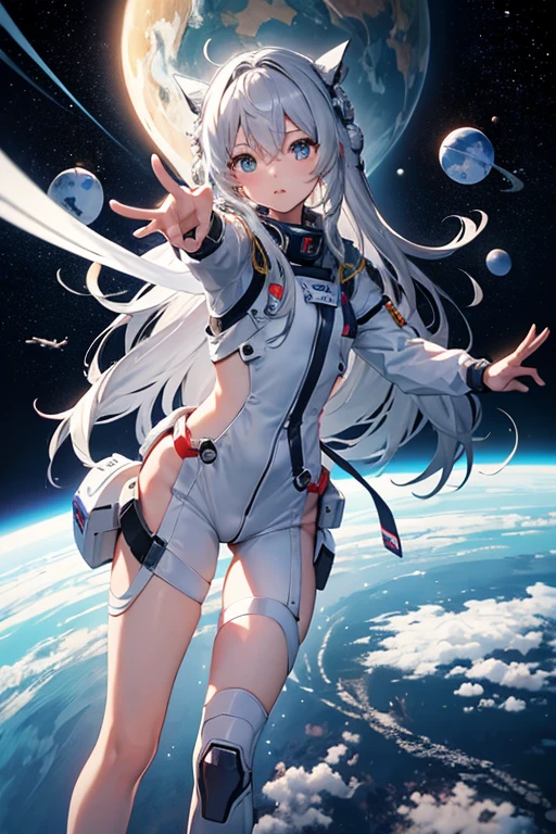 masterpiece, Highest quality, High resolution，Follow the on-screen instructions、Anime Style、Follow the prompts、One Girl、Long silver hair、、universe space、Confused、Spacewalk、Reaching out to the earth、Adrift in Space