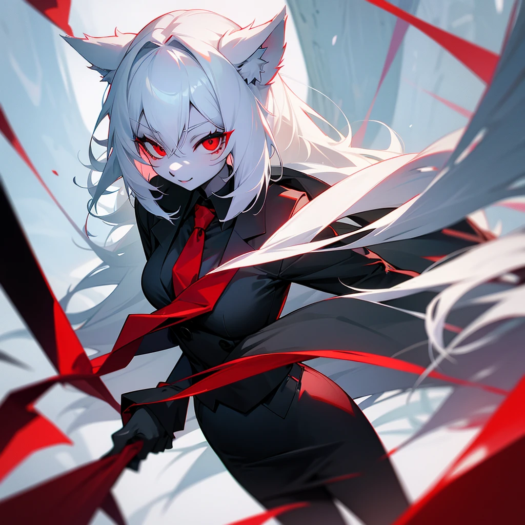 Furry wolf girl with white hair, black ears, white skin, red eyes, red tie, black suit and black skirt