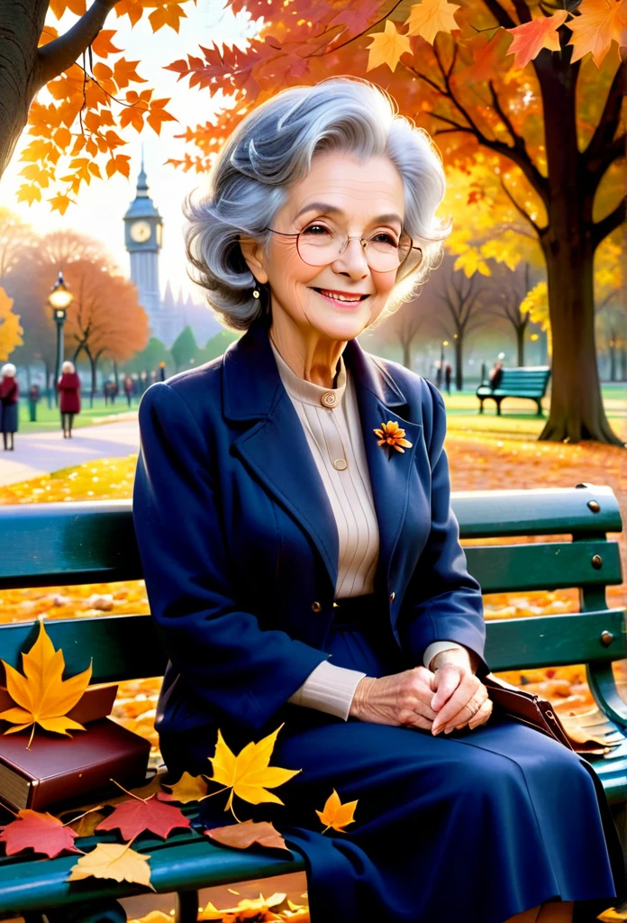 "A sequence of four images, each showing the same beautiful woman next to a clock, symbolizing the passage of time:
elderly: the same mulher, now an elderly lady with gray hair, sits on a park bench, surrounded by fallen autumn leaves. She smiles serenely, with a look of wisdom and peace, while holding an old photo album. The large clock in the background marks the twilight of the day, symbolizing contentment and reflection on a life well lived."