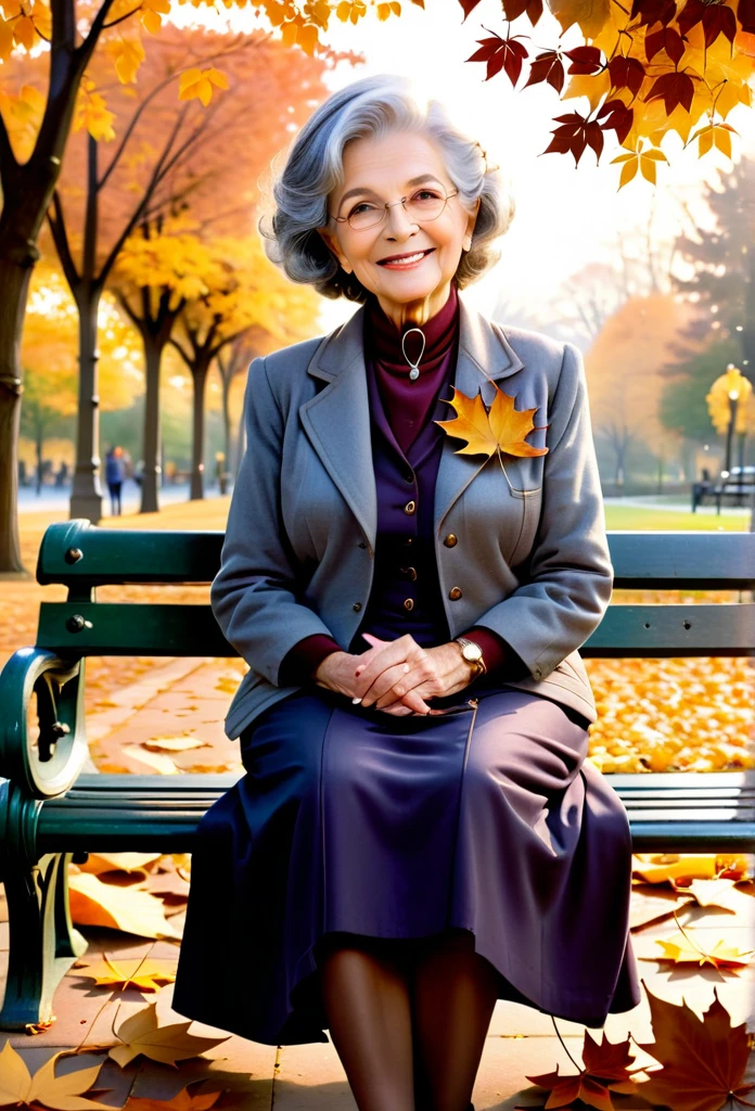 "A sequence of four images, each showing the same beautiful woman next to a clock, symbolizing the passage of time:
elderly: the same mulher, now an elderly lady with gray hair, sits on a park bench, surrounded by fallen autumn leaves. She smiles serenely, with a look of wisdom and peace, while holding an old photo album. The large clock in the background marks the twilight of the day, symbolizing contentment and reflection on a life well lived."