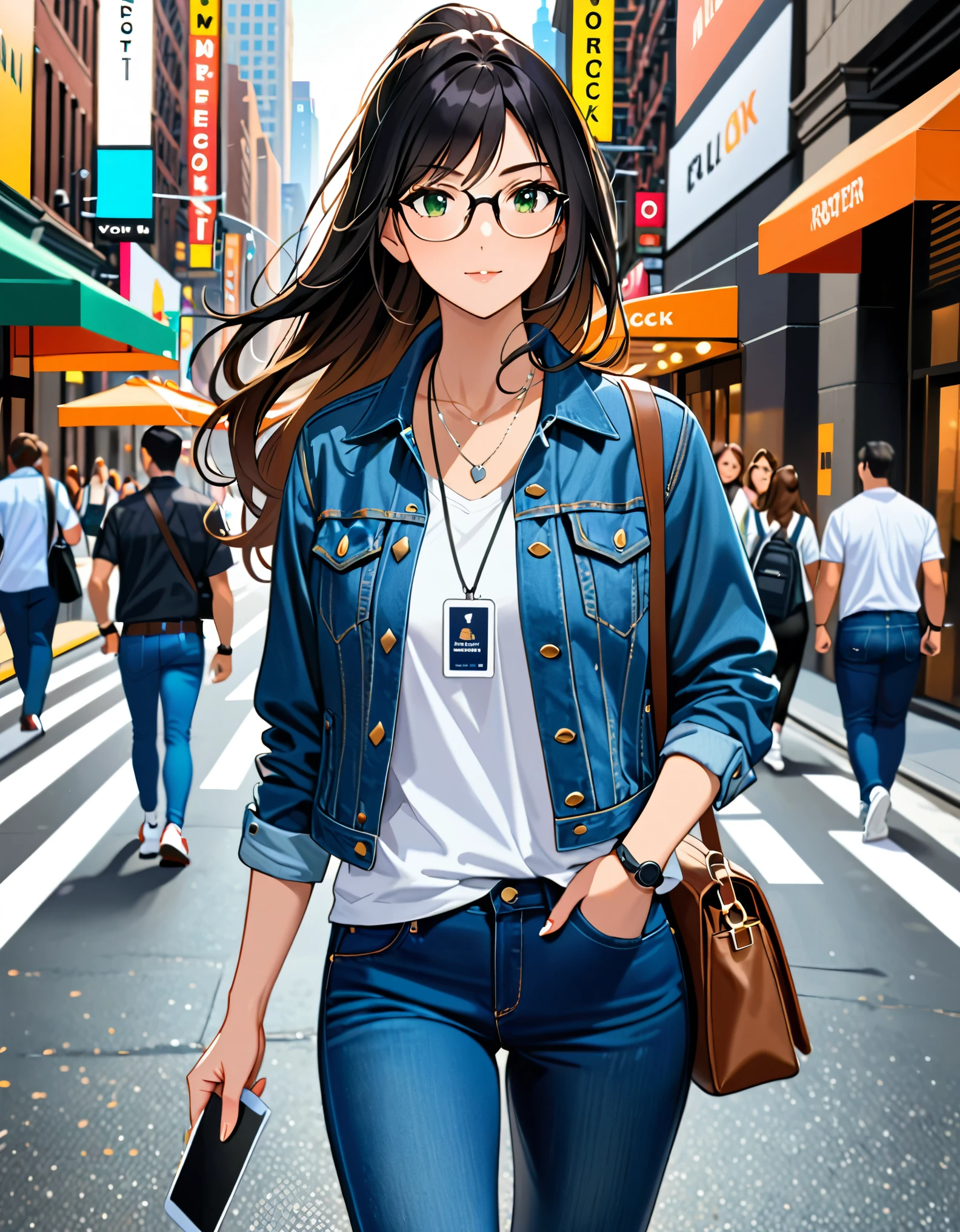 (masterpiece), (best quality), (high res), 1lady, tall body, beautiful detailed eyes, beautiful detailed face, glasses, confident look, perfect hands, complete fingers, perfect anatomy, perfect proportions, ((jet black hair, medium hair, hair down, ponytail)), ((green eyes)), ((denim jacket, reporter's id card necklace)), (white t-shirt), ((denim jacket)), ((blue jeans, white socks, shoes, matching shoes, brown sneakers)), breasts, medium breasts, (full body portrait), looking away, walking, casual, solo, solo focus, cowboy shot, new york backdrop, full body costume design.