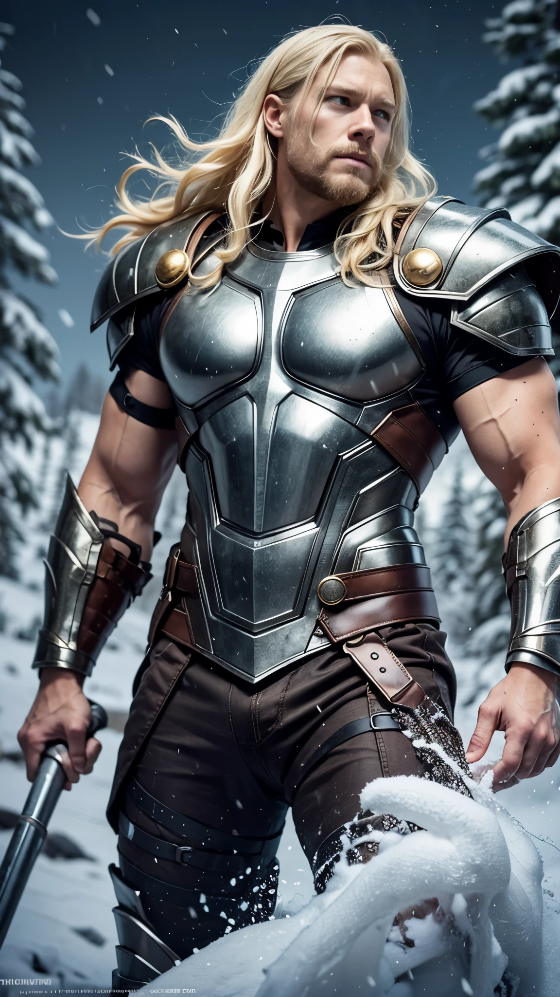 Thor, muscular man, blonde hair, blonde beard, silver armor, fur armor, leather, snow-capped mountains, tall trees, rough seas, 