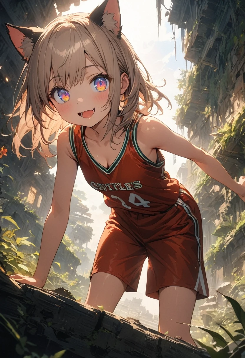 ((Masterpiece)), ((best quality)), (Anime), ((kawaii)), ((extremely detailed)), 4K, (8K), (super detail:1.2),(High Definition:1.3), (Professional Photography:1.2), (wide shot), cinematic lighting, (very aesthetic:1.2), (absurdres:1.2), (sharp focus), (perfect light), ((12 years old)), 8K, cinematic lighting, unruly hair, medium hair, ((loose-fitting basketball uniform)), red basketball uniform, (slightly exposed small breast), Slender body, Pudgy cheek, ((exposed Cleavage)), naughty smile, (open mouth), Textured skin, cat ears, pale brown hair, Cute Beautiful girl, (Healthy and toned body), slim body, BREAK, ((best quality)), ((extremely detailed)), (open legs), ((bend forward)), (sitting on the ancient ruined overgrown), Decorated flowers, ((obscurity atmosphere)), (long eyelashes), ((baggy eyes)), colorful eyes, round eyes,
