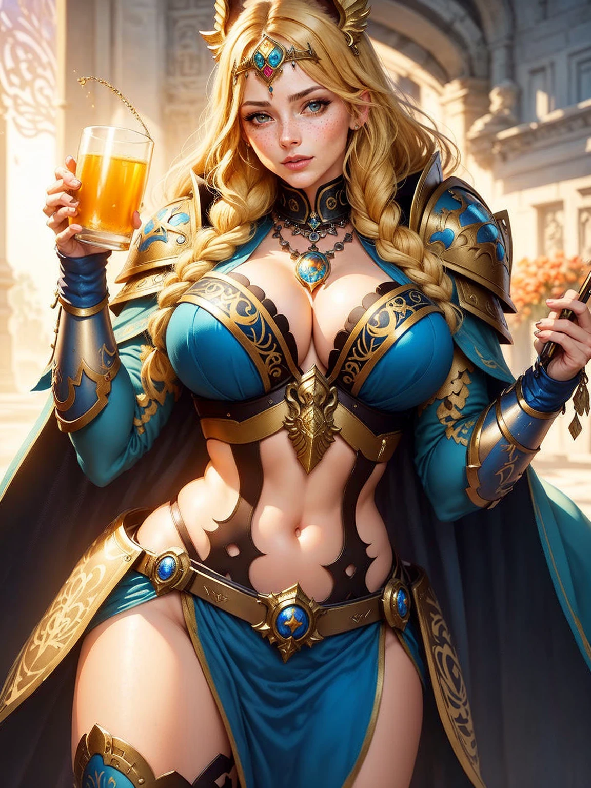 (artwork, maximum quality, 8k, best quality, beautiful and aesthetic) (a woman), (Art Nouveau watercolor painting) extremely detailed, colorful, more detailed, faithful style, (goddess freya: 1.5 ), nordic goddess, european woman, bright eyes, light blue eyes, thick eyelashes, loose braided hair, long hair, blonde hair, large breasts, cleavage, exposed breasts, exposed belly, show navel, show thighs, show cleavage, show breasts , seductive lips, animal leather cloak, beautiful woman, mature woman, attractive woman, voluptuous woman, perfect body, short stature, freckles on the face, freckles under the eyes, necklace, brisingamen freya necklace, golden viking armor, detailed armor , emphasis on armor, golden armor, shoulder armor, waist armor, wrist armor, shining armor, sparkling armor,