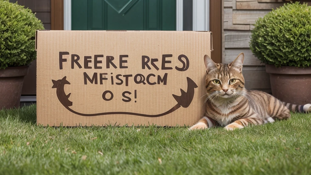 Create a photorealistic image of a brown tabby cat resting his chin on his paws on a green lawn. He has a fake cardboard storefront attached to his nose, with his open mouth serving as the entrance to the fake store. There is a sign pointing to his mouth, written in crude lettering on cardboard, with the words 'Free burd seed'