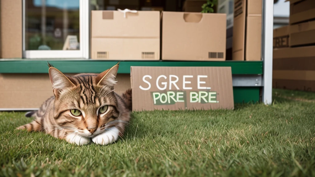 Create a photorealistic image of a brown tabby cat resting his chin on his paws on a green lawn. He has a fake cardboard storefront attached to his nose, with his open mouth serving as the entrance to the fake store. There is a sign pointing to his mouth, written in crude lettering on cardboard, with the words 'Free burd seed'