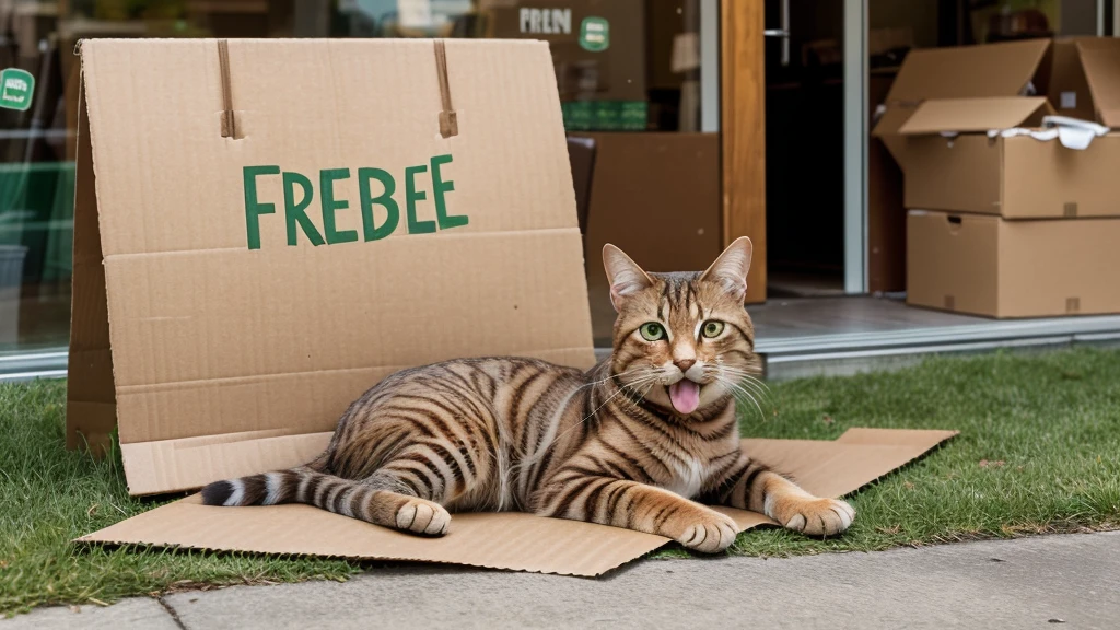 Create a photorealistic image of a brown tabby cat resting his chin on his paws on a green lawn. He has a fake cardboard storefront attached to his nose, with his open mouth serving as the entrance to the fake store. There is a sign pointing to his mouth, written in crude lettering on cardboard, with the words 'Free burd seed'