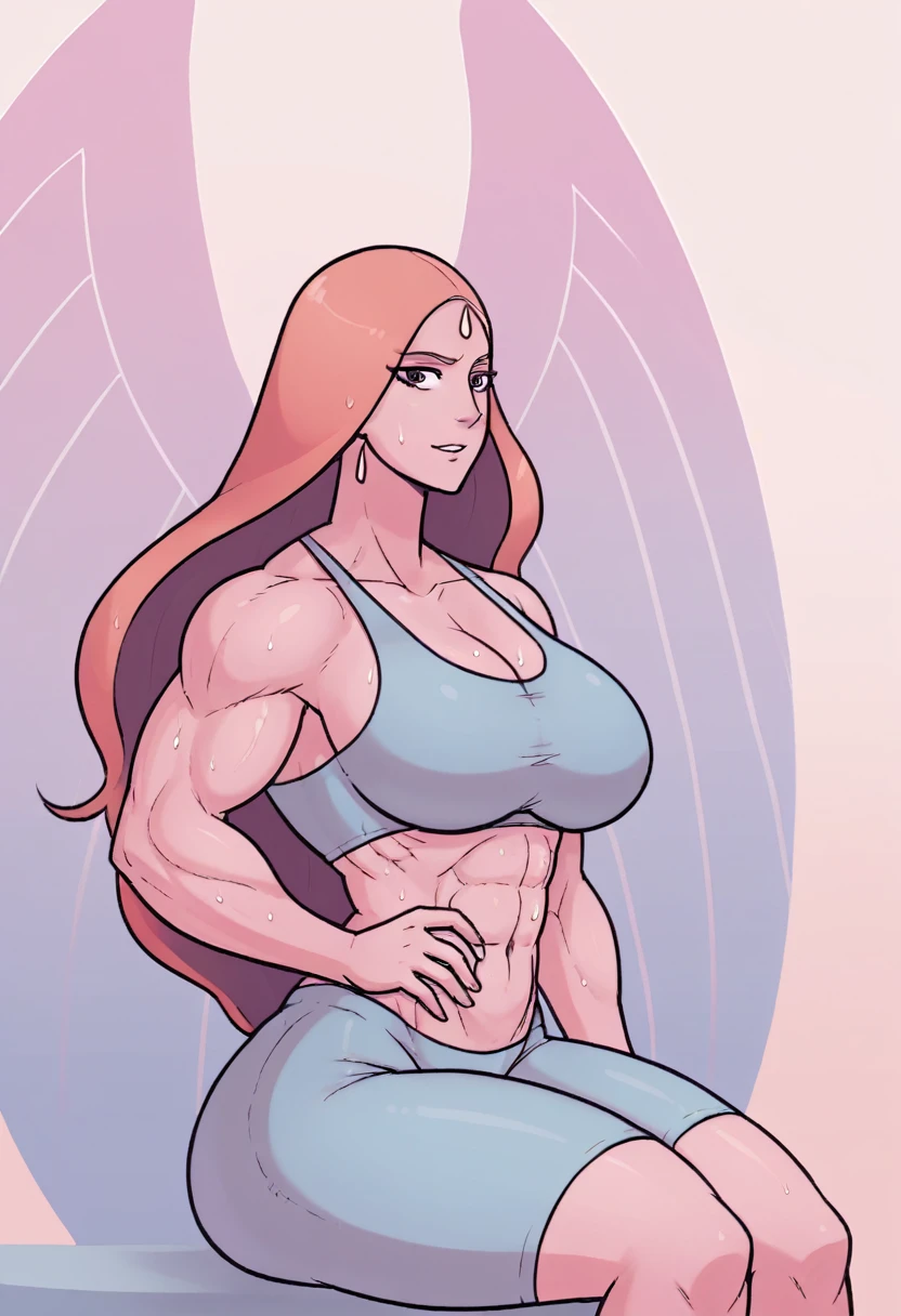 queen angela (she-ra and the princesses of power) , Women, Women enorme, Women musculosa, female bodybuilder physique, many muscles, giant muscles, bodybuilder body, a lot of effort, expression of great lust, very high, It measures almost 3 meters, too wide body, muscled body, very muscular, wide torso, Wide hips, wide legs, wide arms, too big muscles, huge arms, arms with huge muscles, huge breasts, very marked six pack, huge butt, Big legs, muscular legs, sportswear, sports top, tight clothes, underwear, excessive sweat, 3000 pounds, Protein, a destroyed gym being a bodybuilder, alone, side view, whole body, close view, looking at the viewer, sitting, 