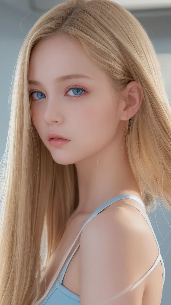 Beautiful blonde 18 year old American supermodel, Dancewear, Sporty, Looking at Viewer, Slender figure, Beautiful Blonde Girl, bangs between the eyes、Detailed face, realistic light blue eyes, Detailed bright glowing light blue eyes, very big eyes、Point the camera straight, FUJI XT3、Round face、Small face beauty、cheek gloss highlight、