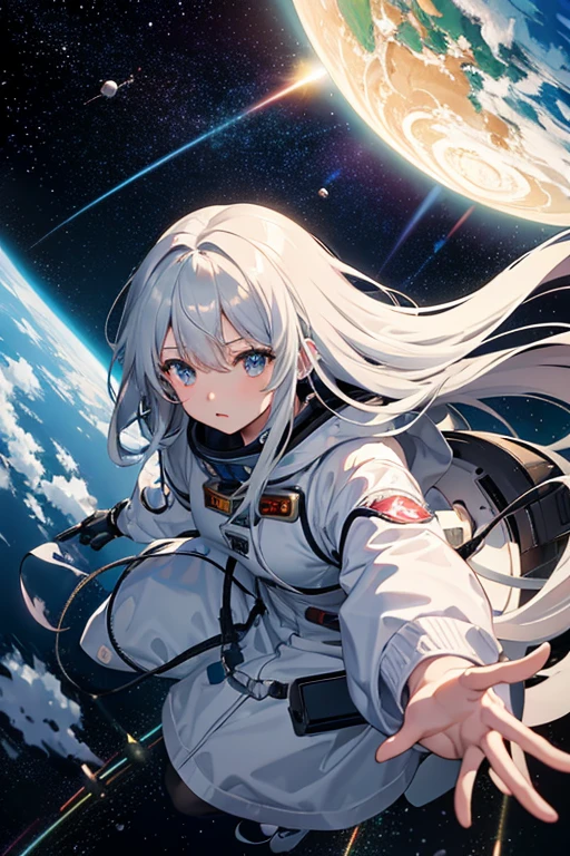 masterpiece, Highest quality, High resolution，Follow the on-screen instructions、Anime Style、Follow the prompts、One Girl、Long silver hair、、universe space、Confused、Spacewalk、Reaching out to the earth、Adrift in Space