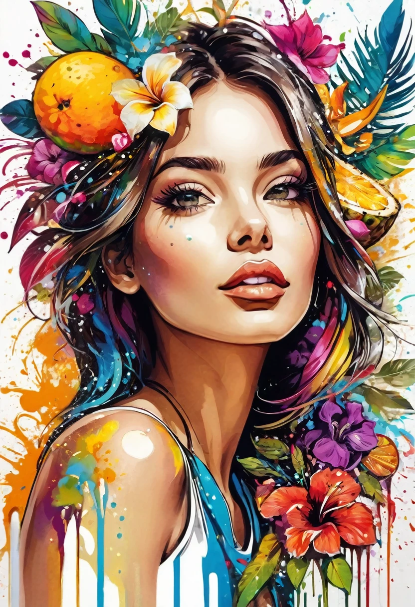 work of art, initial art with flowers, downtown, rich and colorful, rich and colorful arte inicial, to tear down, tropical fruits, Splashing ink, magical, Stylized abstract portrait of a beautiful girl，Street graffiti, White background