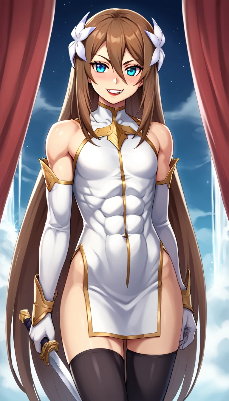 1girl, standing proudly, alpha woman, marta lualdi, blue eyes, brown hair, long hair, hair ornament, hair between eyes, dress, detached sleeves, white silk gloves, miniskirt, black thighhighs, fallen hero cape, winged, sword in its sheath behind her back, divine weapon behind herself, abs, very strong, agile, fit, muscles, flat chest, muscular, (steroid:0.6), female bodybuilder, powerful, godly, classy, modesty, glamourous, dominant, arrogant, proud, confident, mean, super tall, smirking, fangs, lipstick, eye shadow, blush, makeup, looking at viewer, (from below:0.7), Honeymoon bed with curtains underneath a waterfall, dark night, extremely detailed, high quality, high resolution face, score_9, score_8_up, solo,