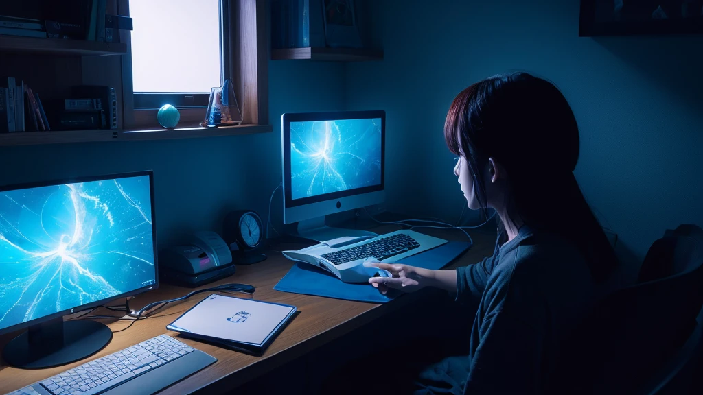 night、Dark Room、computer、Fantasy、4K、window、vivid