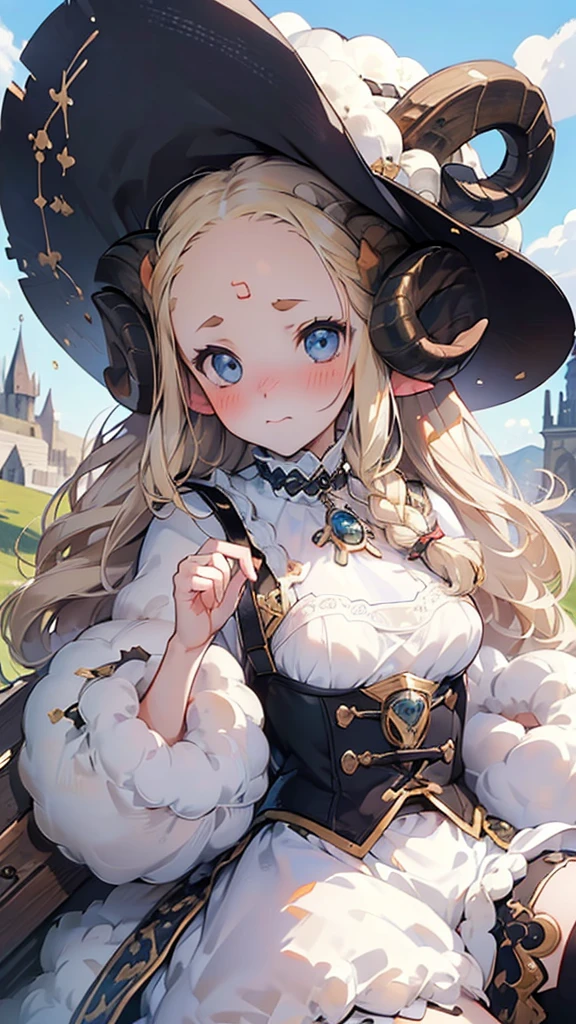 Best quality, Ultra detailed, best quality, insanely detailed, beautiful, masterpiece, 8k, 
break  
Picnic, noon sunshine,
break 
1lady, (lady sheep-kin:1.5) , sheep horn, blonde hair, long hair, single braid ,(forehead:1.5), blue eyes, sheep costume, black whip, white hat, sheep fur hat,
Break
upper body, tareme,  serious, (stare at viewer:1.5),  (embarrassed,blush:1.3),(ecstasy:1.3) ,(slut:1.2),(vulgarity:1.3),