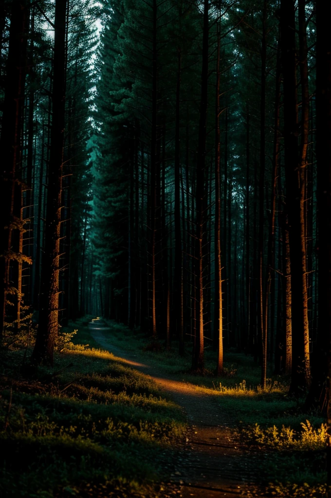 A dark forest with firefly light 