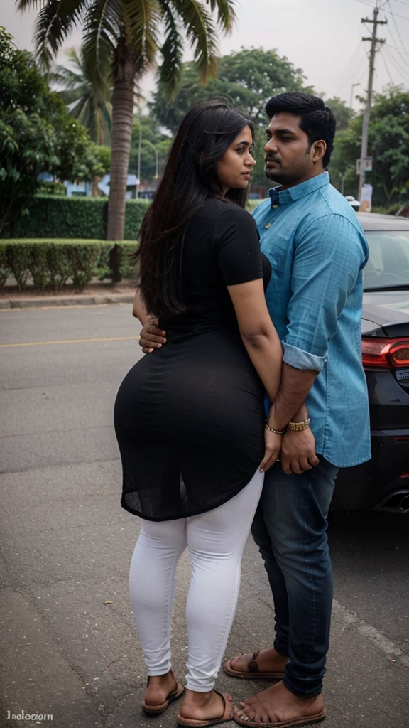 Indian married couple, man and woman, short woman with long hairs, big breasts, big hip, big ass, thick curvy, 30 years indian tall man buzz cut wearing shirt and jeans, woman wearing black kurti and leggings, Couple, detailed