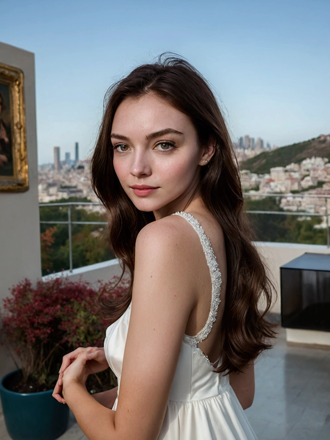 brown haired woman in white dress standing on a patio with a city in the background, in a long white dress, wearing a white flowing dress, wearing stunning ivory dress, dressed in white, wearing an elegant dress, white dress, wearing a cute white dress, wearing a white dress