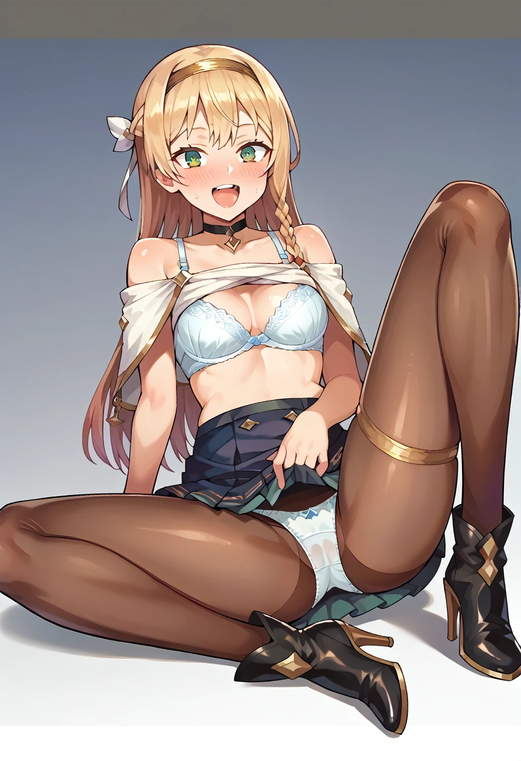 score_9, score_8_superior, score_7_superior, score_6_superior, score_5_superior, score_4_superior, sauce_anime, indoor,
(masterpiece, Highest quality), fc detailed portrait, alone, One girl, klaudiaryza1base, Long Hair, Braiding, hair band, Hair Ribbon,
Claudia Def Shirt, Claudia Def Skirt, White capelet, Detachable collar, button, choker, Bare shoulders, Elbow hand pockets, thigh band pantyhose, Brown pantyhose, Black leather shoes、Heeled Boots、
View your viewers, blush, excited, Open your mouth, Embarrassing、Climax、ahegao、
((Full body portrait、Sitting、Spread your legs、lotus position、Indian Style、Skirt Lift、((Panties through pantyhose))、Showing off her panties、Shirt lift、Showing off her bra、(((Bra lift)))、taking_off_shirt))